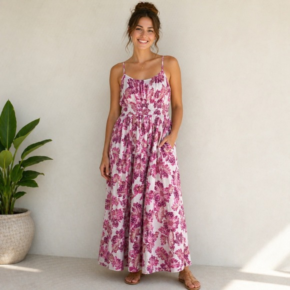 Old Navy Dresses & Skirts - Old Navy Maxi Dress Womens XL Pink Floral Smocked Linen Blend Cottagecore Boho